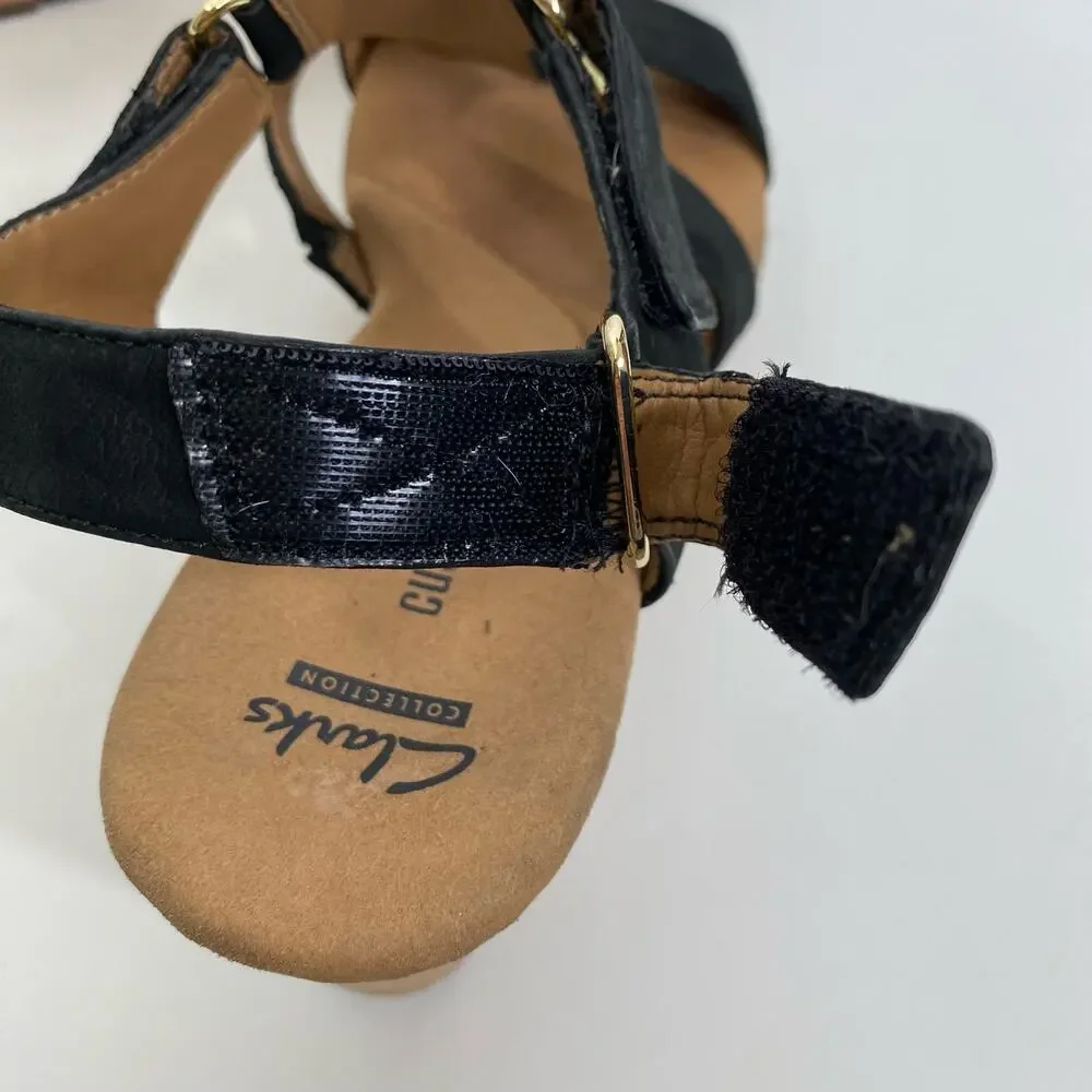 Clarks Annadel Orchid Wedge Sandals Cork Studded Heeled Black Suede 9M